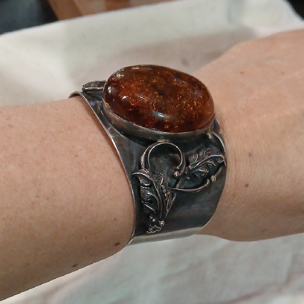 🧡 Bold Sterling Silver & Baltic Amber Cuff Bracelet | Handmade | 53g Statement